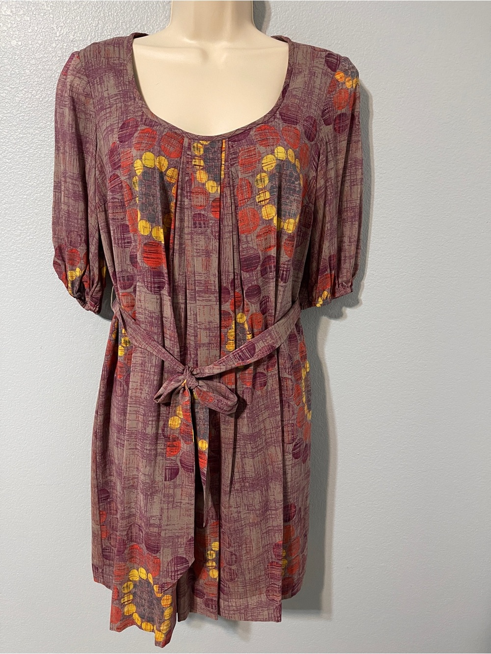 Trina Turk Silk Dress Abstract Circle Print Belted Puff Sleeve Retro Boho Size 0